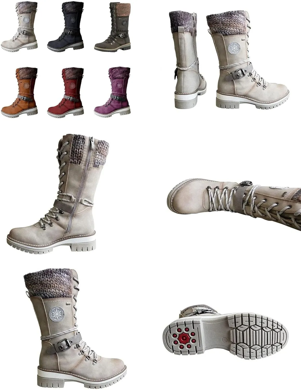 AngryMonkey Women's Winter Warm Mid-Calf Snow Boots,Knitted Suede Splicing Lace-up Non-Slip Waterproof Outdoor Casual Booties
