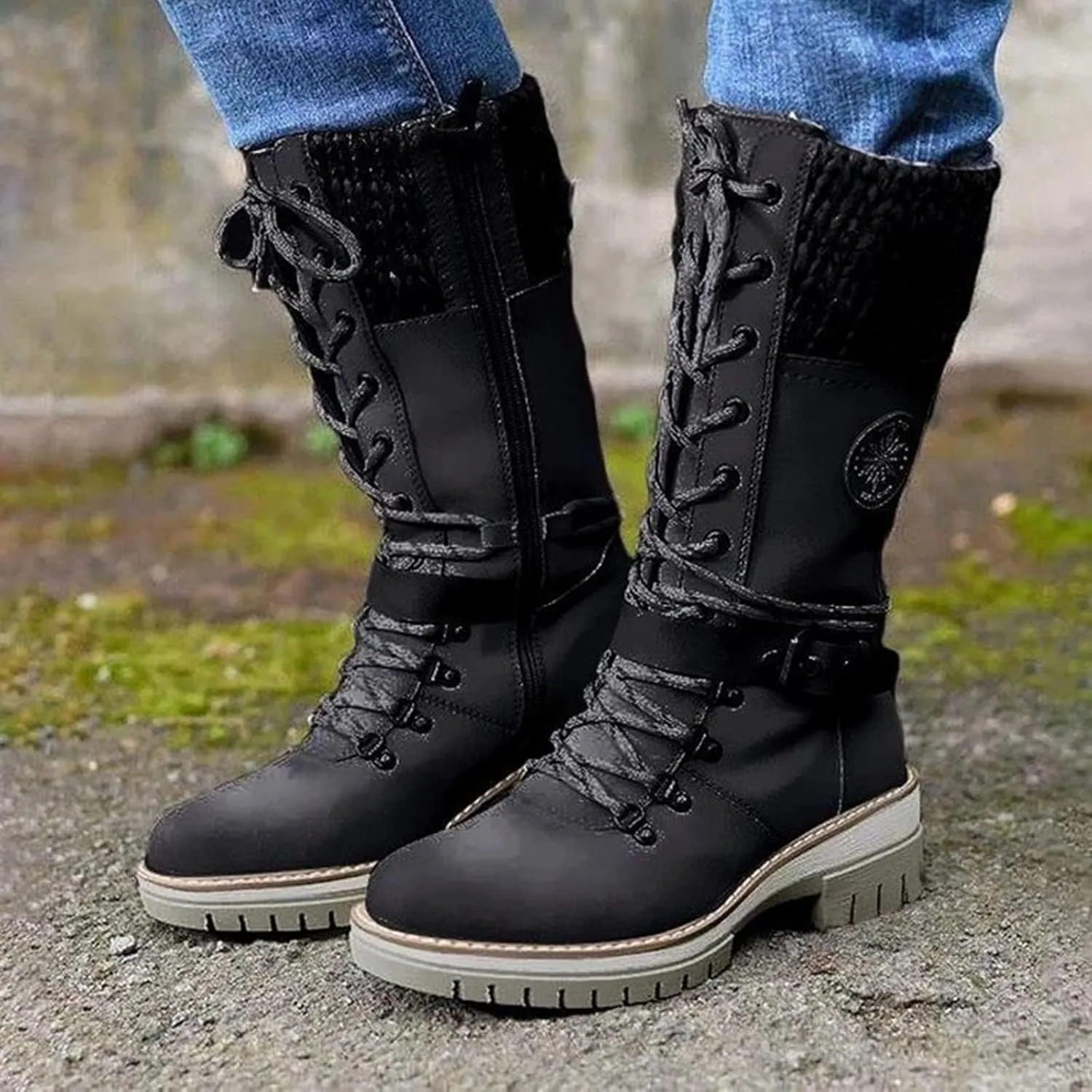 AngryMonkey Women's Winter Warm Mid-Calf Snow Boots,Knitted Suede Splicing Lace-up Non-Slip Waterproof Outdoor Casual Booties