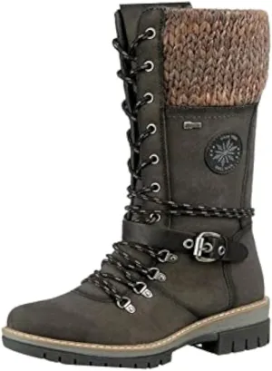 AngryMonkey Women's Winter Warm Mid-Calf Snow Boots,Knitted Suede Splicing Lace-up Non-Slip Waterproof Outdoor Casual Booties