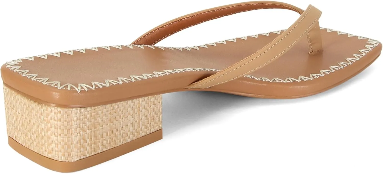 DOEYG Raffia Heels Sandals for Women Summer Beach Flip Flops Square Open Toe Flat Heeled Sandals Dressy Comfortable Slip on Thong Sandals