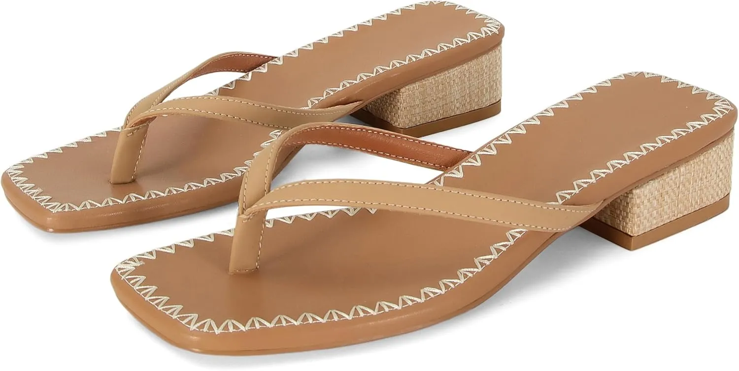 DOEYG Raffia Heels Sandals for Women Summer Beach Flip Flops Square Open Toe Flat Heeled Sandals Dressy Comfortable Slip on Thong Sandals