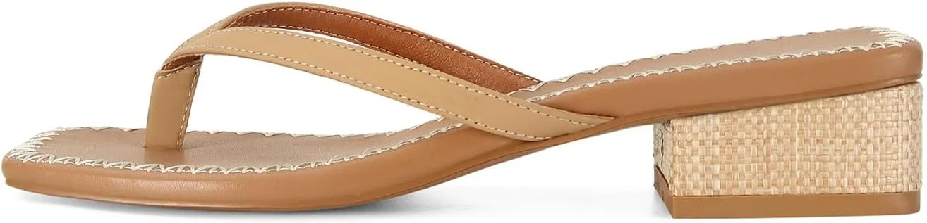 DOEYG Raffia Heels Sandals for Women Summer Beach Flip Flops Square Open Toe Flat Heeled Sandals Dressy Comfortable Slip on Thong Sandals