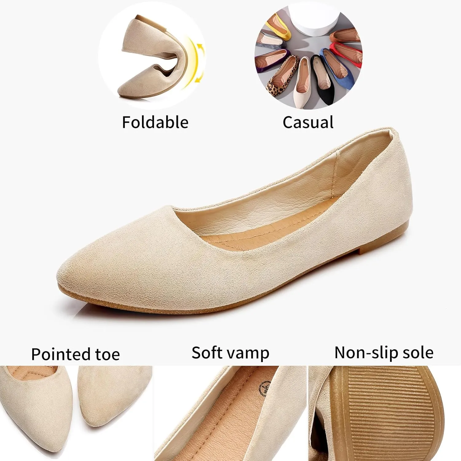 HEAWISH Womens Black Flats Shoes Comfortable Suede Pointed Toe Slip On Casual Ballet Flats Dress Shoes Nude Flats