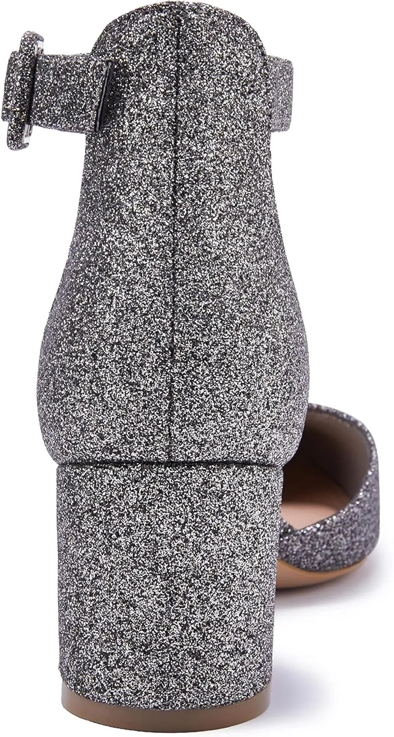 LAICIGO Women's Pointed Toe Pumps Ankle Strap Buckle Chunky Block Heel Dress D'Orsay Shoes