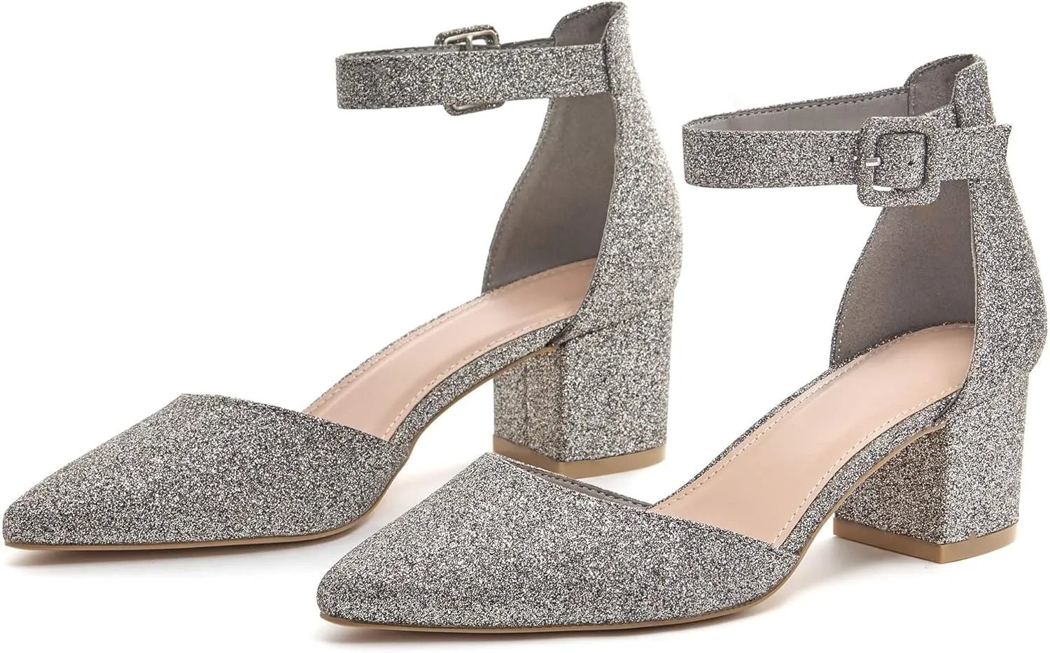 LAICIGO Women's Pointed Toe Pumps Ankle Strap Buckle Chunky Block Heel Dress D'Orsay Shoes