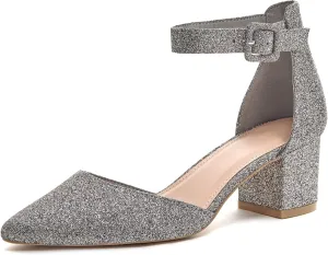 LAICIGO Women's Pointed Toe Pumps Ankle Strap Buckle Chunky Block Heel Dress D'Orsay Shoes