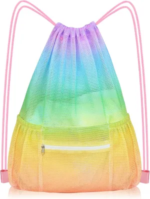 Nidoul Mesh Drawstring Bag with Zipper Pocket, Beach Bag for Swimming Gear Backpack Gym Storage Bag for Adult