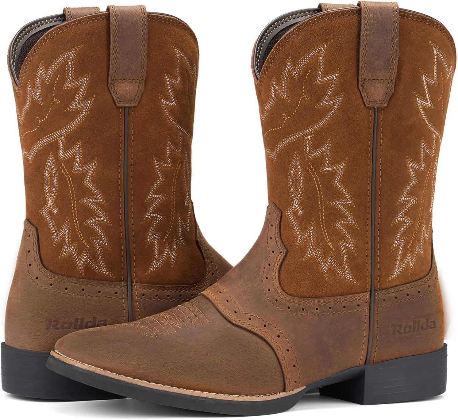 Rollda Leather Cowboy Boots for Men Western Boots Square Toe Chunky Heel Mid-Calf Boots Classic Embroidered with Pull On Tabs