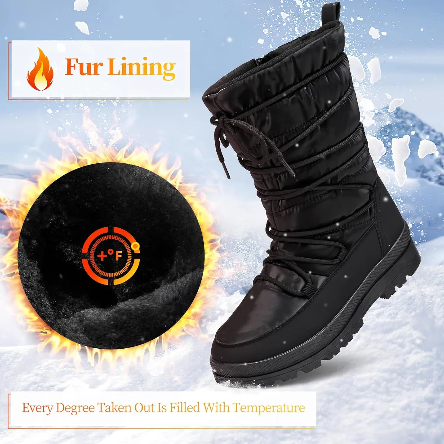 Snow Boots for Women Fur Winter Boots Waterproof Ski Boots Women's Mid Calf Boots Furry White Lace up Boots with Zipper