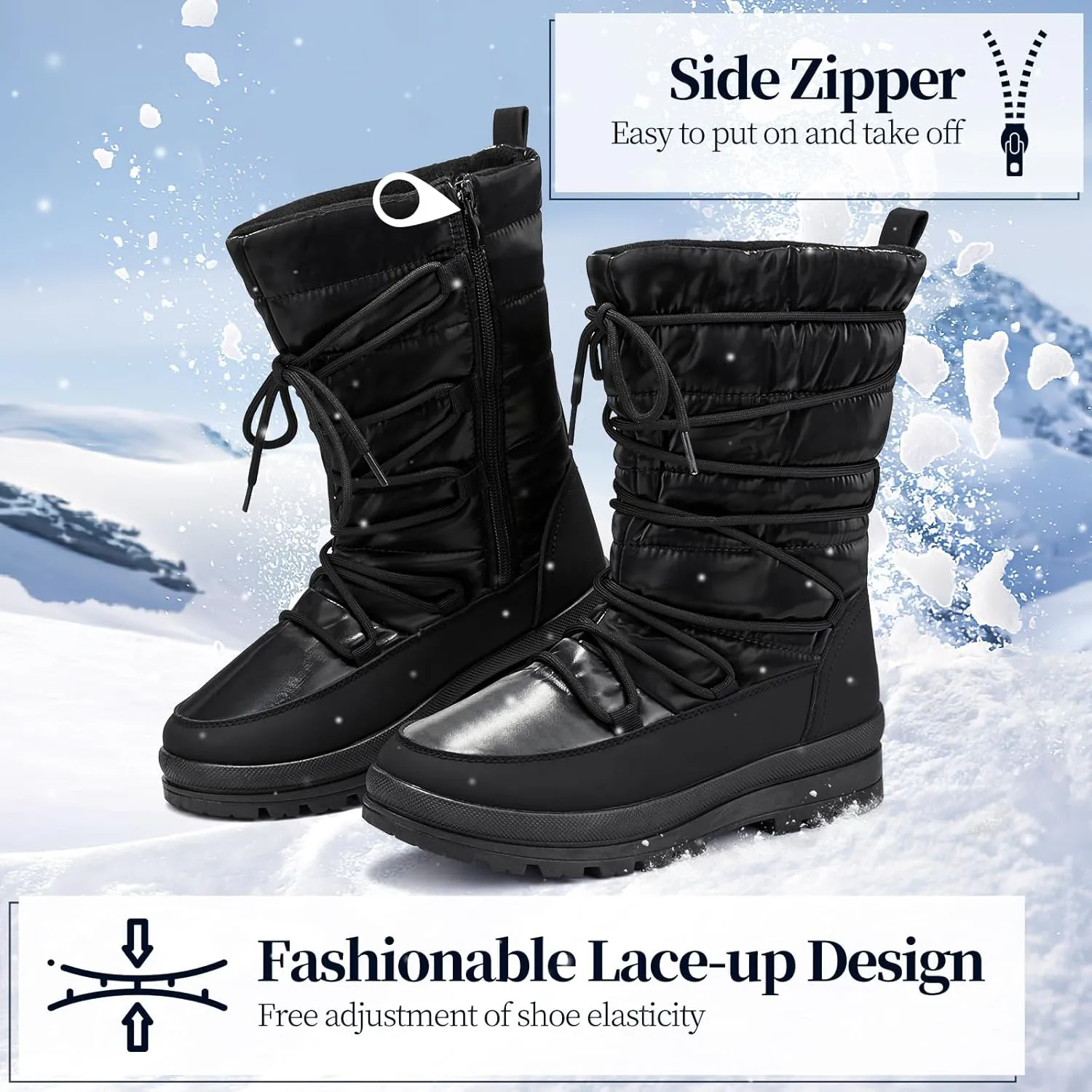 Snow Boots for Women Fur Winter Boots Waterproof Ski Boots Women's Mid Calf Boots Furry White Lace up Boots with Zipper