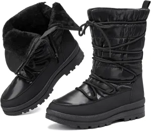 Snow Boots for Women Fur Winter Boots Waterproof Ski Boots Women's Mid Calf Boots Furry White Lace up Boots with Zipper