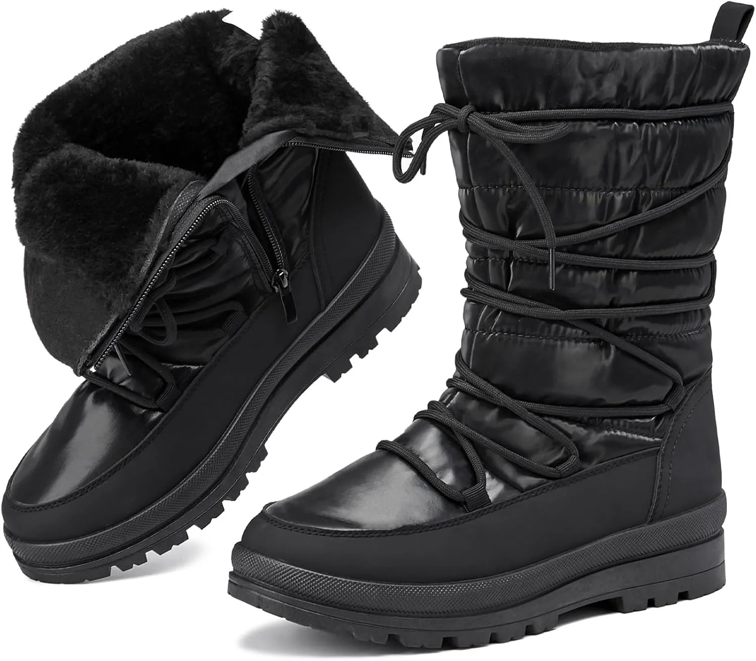 Snow Boots for Women Fur Winter Boots Waterproof Ski Boots Women's Mid Calf Boots Furry White Lace up Boots with Zipper