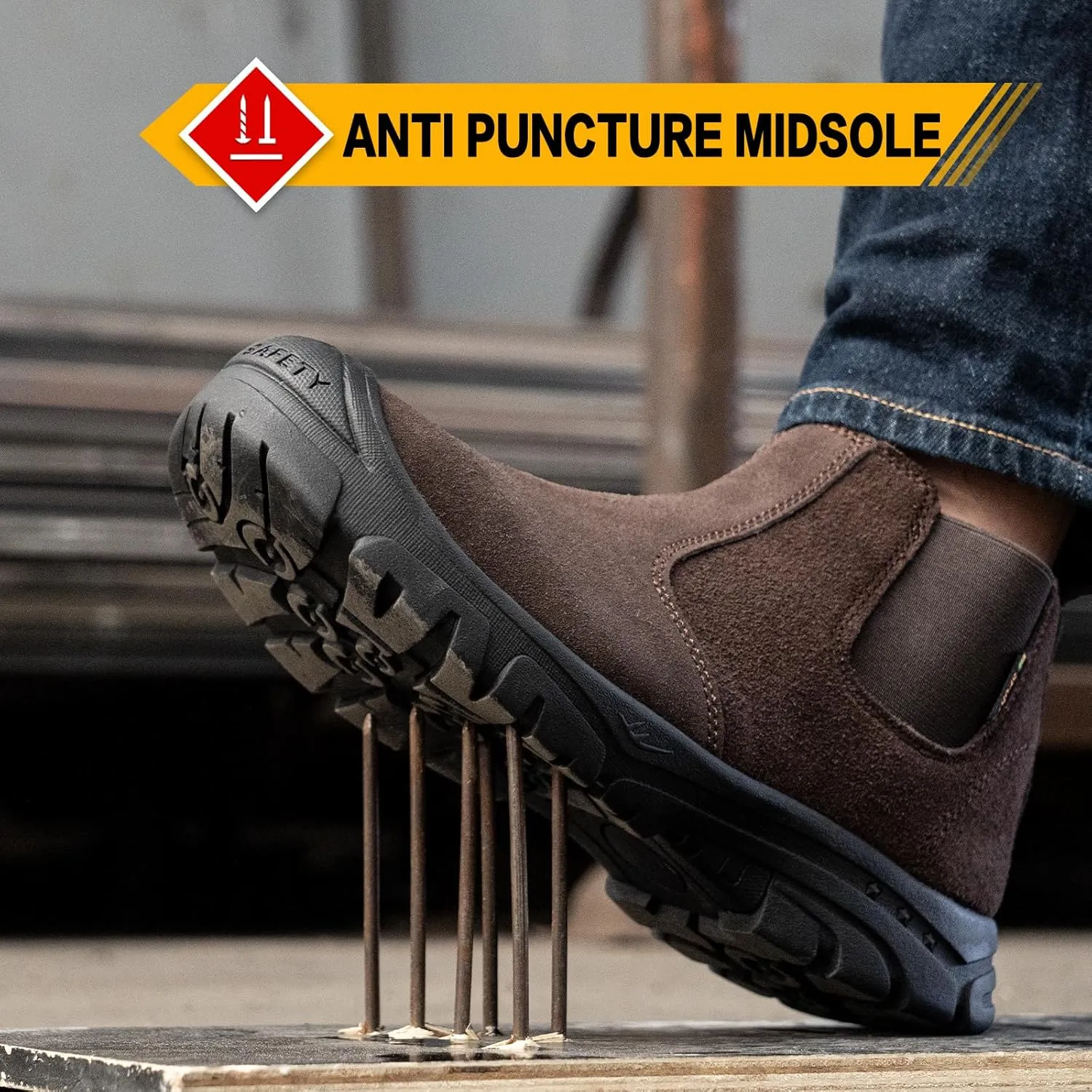 Steel Toe Work Boots for Men Women Slip-on Chelsea Boots, Men's Industrial Construction Shoes, Waterproof, Lightweight, Comfortable, Non-slip Safety Boots
