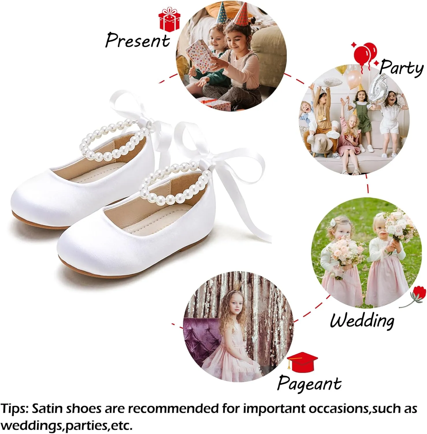 Toddler Flower Girl Dress Shoes - Little Girl Ballet Flats Pearl Strap for Wedding Party