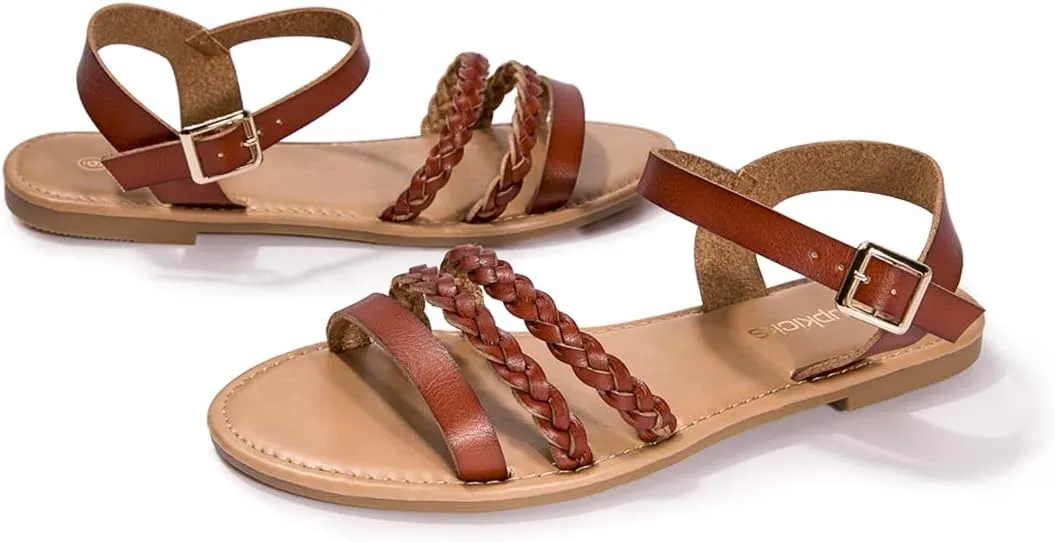 Women's Ankle Strap Flat Sandals Open Toe Breathable Summer Fisherman Sandals Adjustable Buckle Crossed Strappy Two Band Comfy Casual Gladiator Sandal