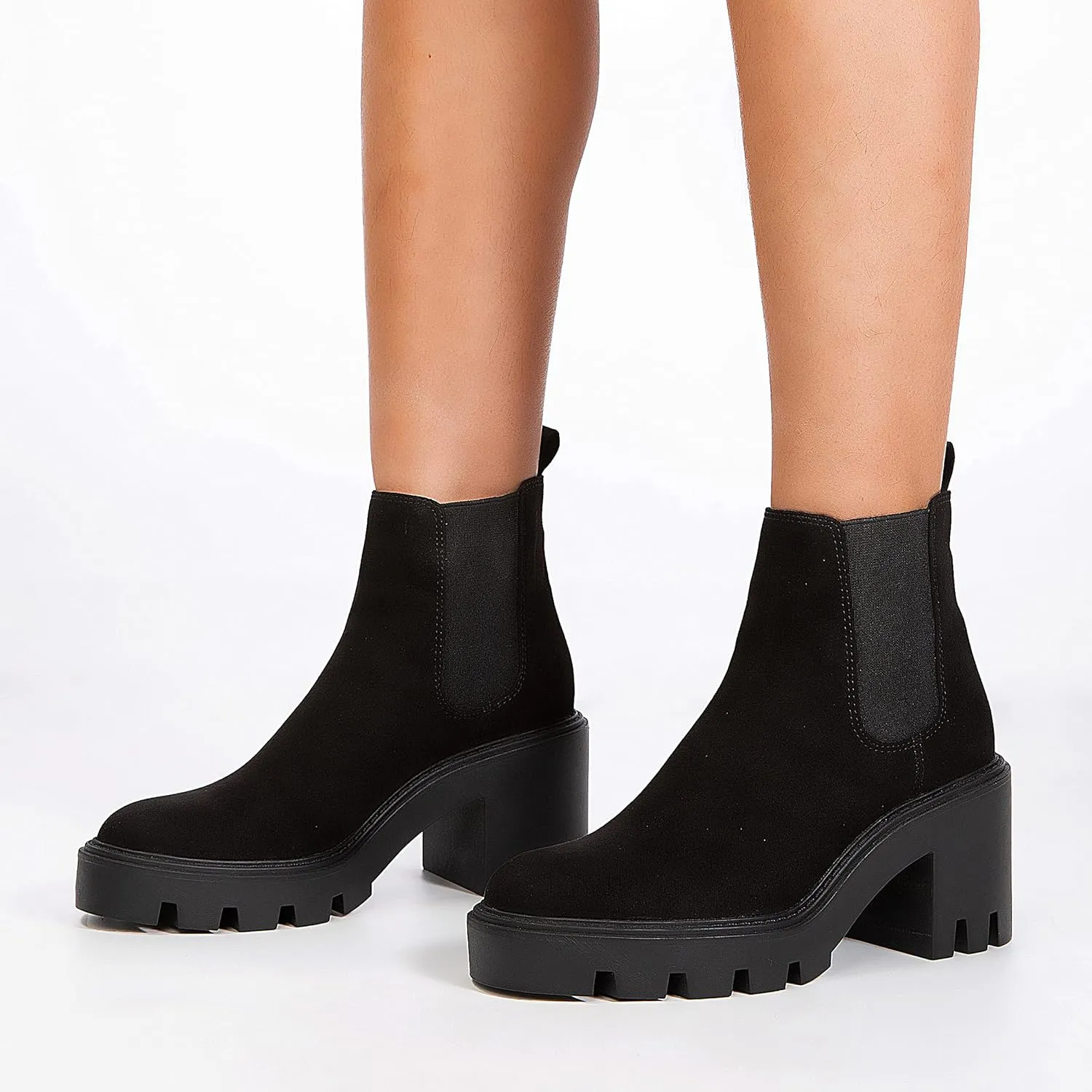 Women's Chelsea Boots Fashion Platform High Heel Ankle Booties Round Toe Casual Elastic Chunky Block Heel Boots