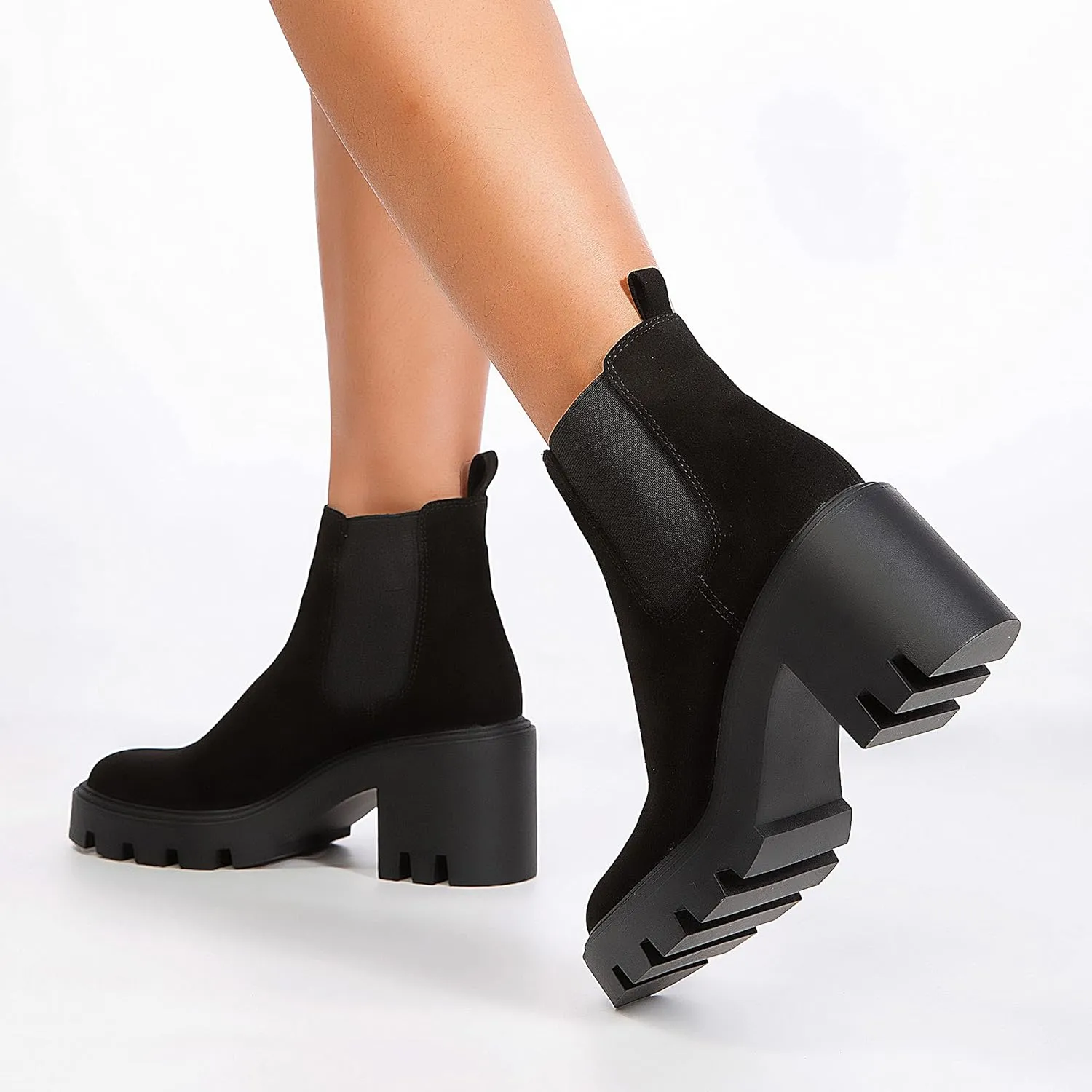 Women's Chelsea Boots Fashion Platform High Heel Ankle Booties Round Toe Casual Elastic Chunky Block Heel Boots